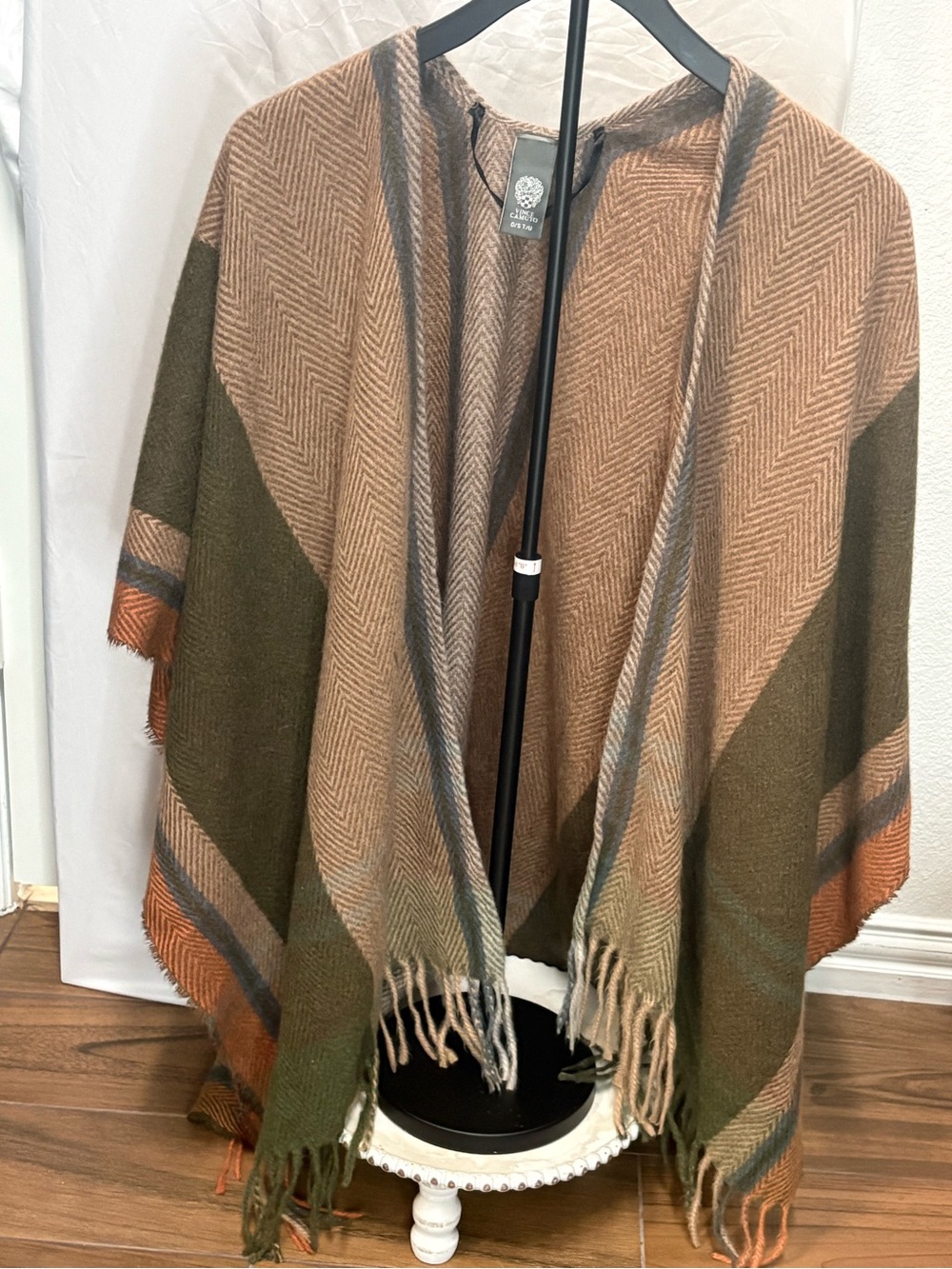 Vince Camuto Olive Green, Camel & Rust Herringbone Fringe Wrap